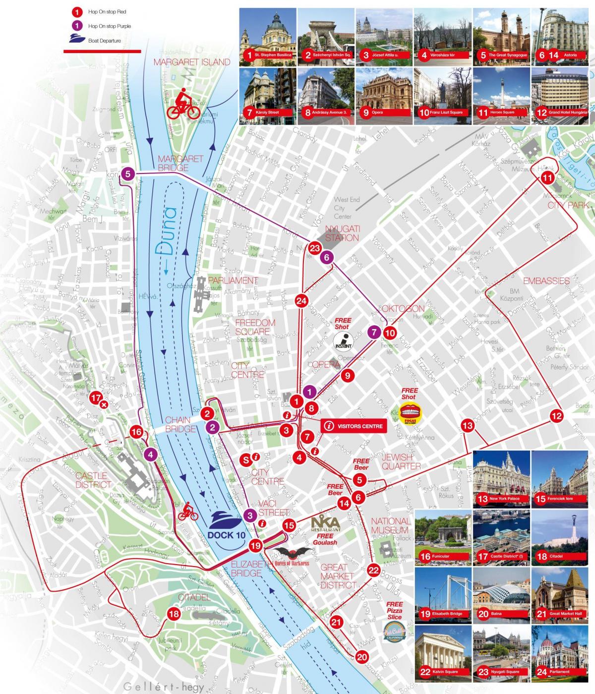 Mapa de Budapeste Hop On Hop Off Bus tours